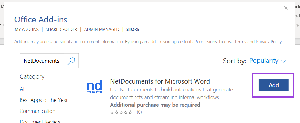 NetDocuments M365 Word add-in