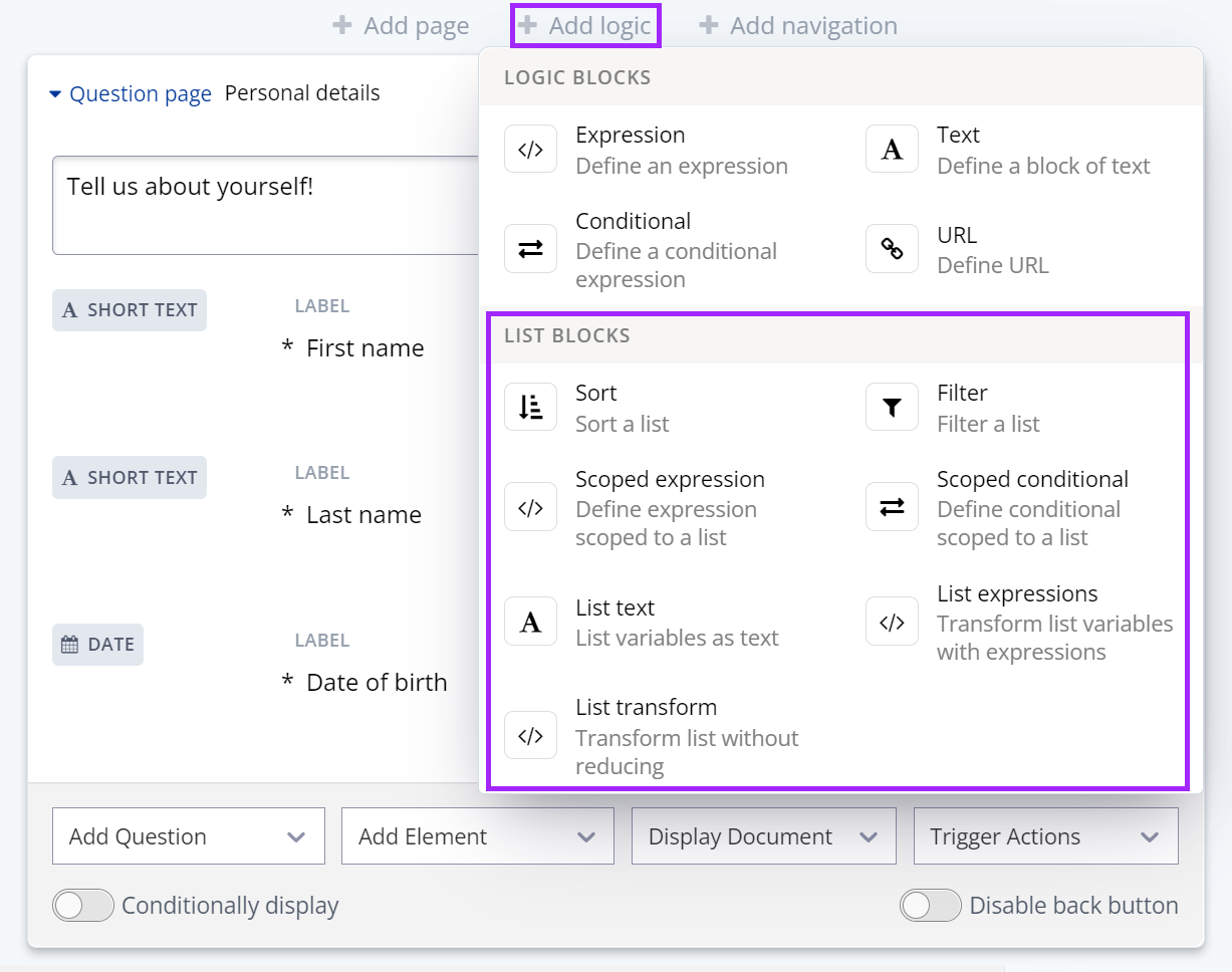 PatternBuilder Lists